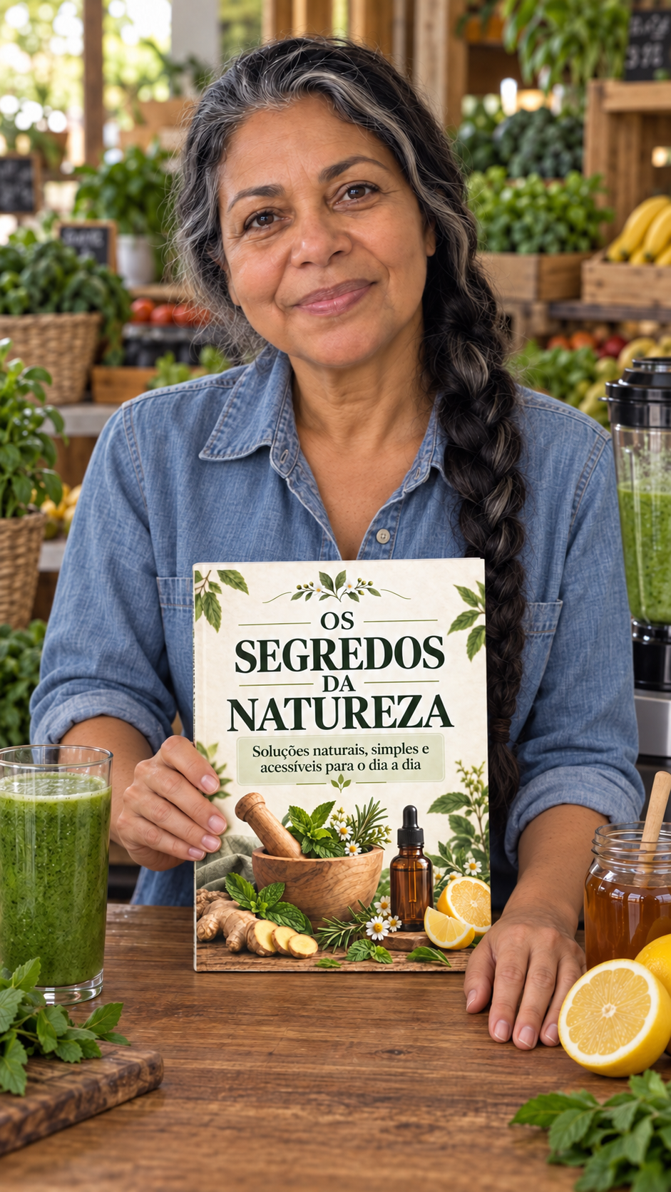 Vó Rosa segurando o livro Os Segredos da Natureza